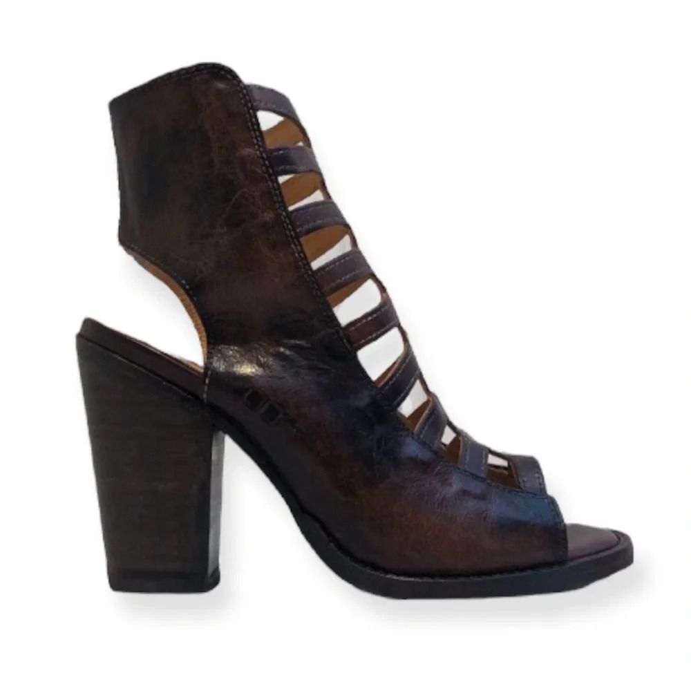 Bed Stu 100% Leather Occam Brown Block Heel Caged Western Bohemian Ankle Booties